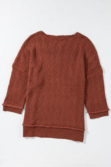 Gold Flame Solid Color Textured Crew Neck Loose Sweater Sweaters JT's Designer Fashion