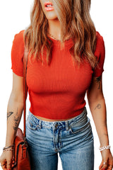 Tomato Red Ribbed Knit Crewneck Crop Sheath T Shirt Sweaters & Cardigans JT's Designer Fashion