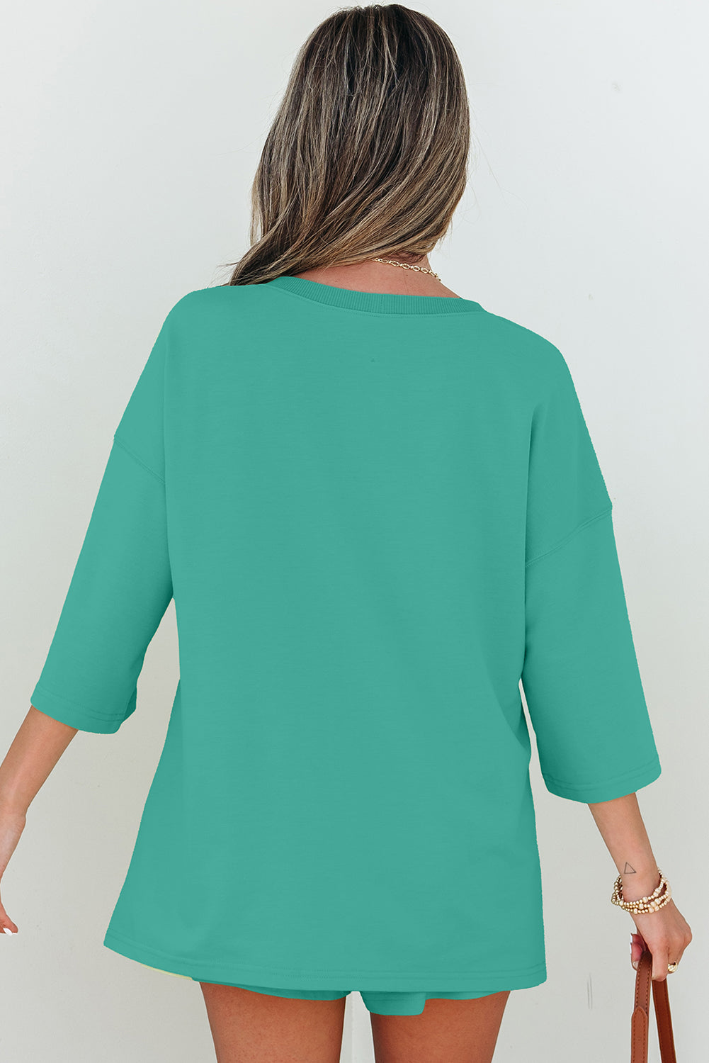Sea Green Solid Loose V Neck Half Sleeve Tee and Shorts Short Sets JT's Designer Fashion