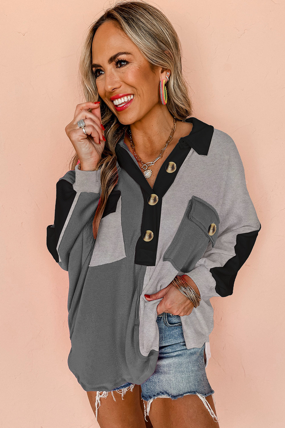Gray Colorblock Ribbed Collared Oversized Sweatshirt Sweatshirts & Hoodies JT's Designer Fashion