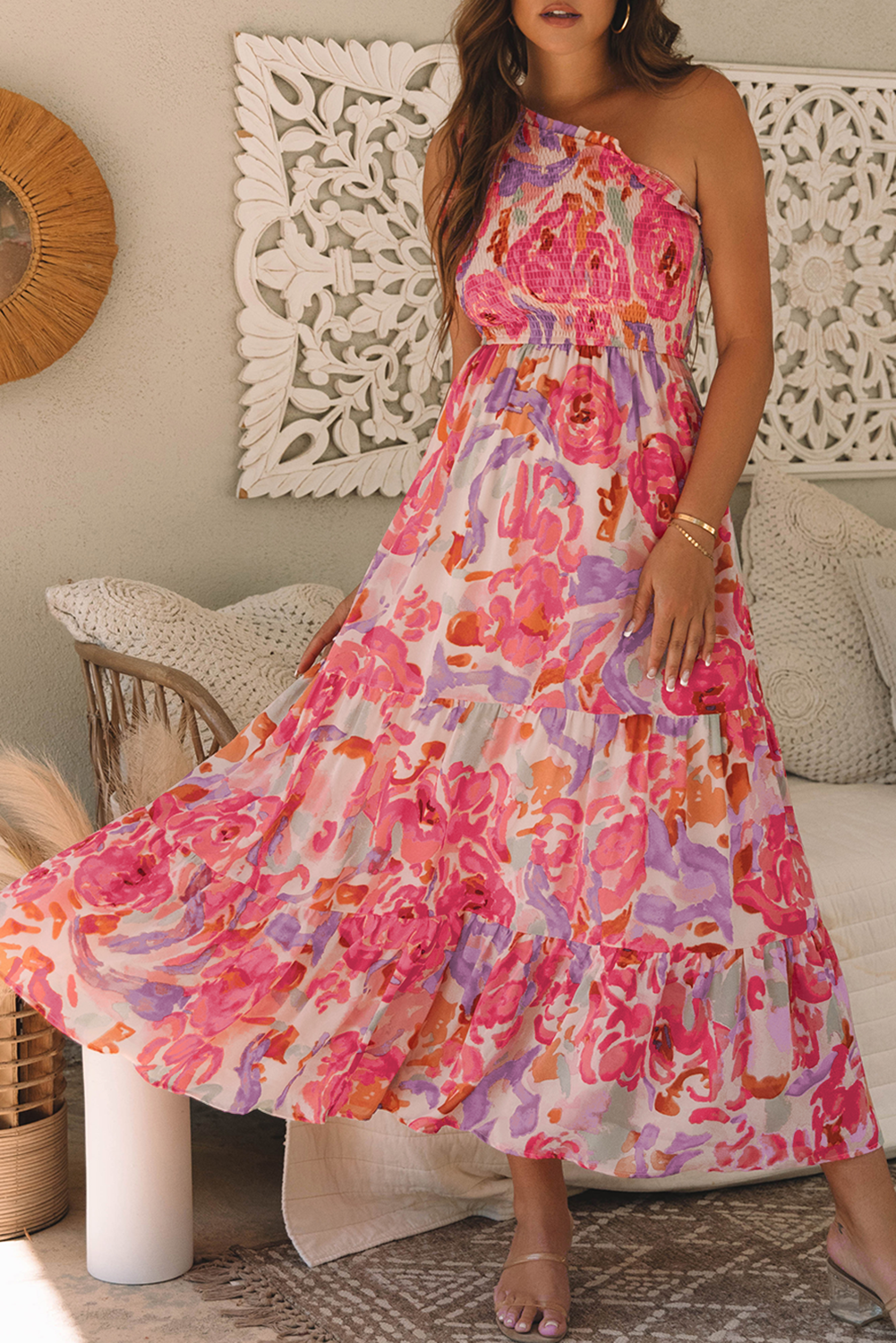 Pink Abstract Floral Print Shirred One Shoulder Maxi Dress Floral Dresses JT's Designer Fashion