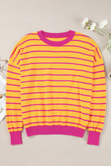 Orange Stripe Trimmed Round Neck Drop Shoulder Loose Sweater Sweaters JT's Designer Fashion