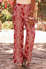 Red Paisley Printed Buttoned High Waist Straight Leg Pants Pants & Culotte JT's Designer Fashion
