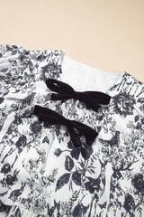 Black Floral Print Bow Detail Puff Sleeve Plus Size Midi Dress Plus Size Midi Dresses JT's Designer Fashion
