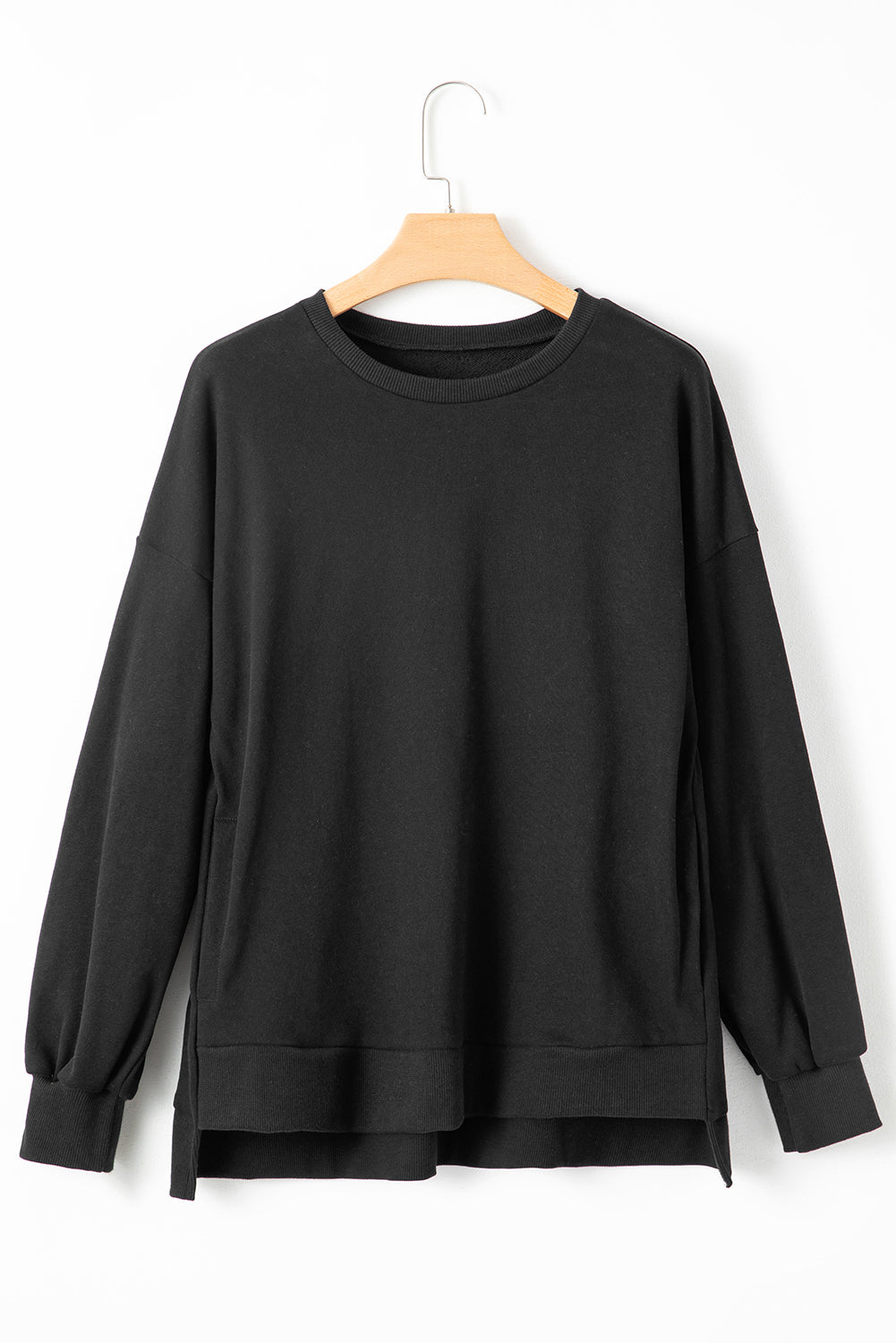 Black Solid O Neck High Low Hem Pullover Sweatshirt Sweatshirts & Hoodies JT's Designer Fashion