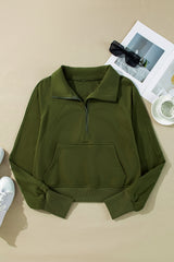 Moss Green Quarter Zip Stand Neck Kangaroo Pocket Sweatshirt Sweatshirts & Hoodies JT's Designer Fashion