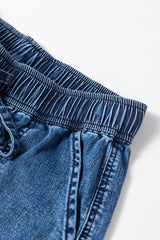 Sail Blue Mineral Wash Drawstring Elastic Waistband Loose Straight Denim Pants Jeans JT's Designer Fashion