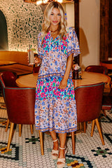 Sky Blue Mixed Floral Print Tie Split Neck Short Sleeve Dress Floral Dresses JT's Designer Fashion