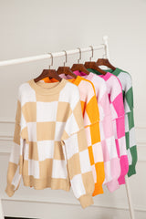 Pink Checkered Bishop Sleeve Sweater Sweaters JT's Designer Fashion