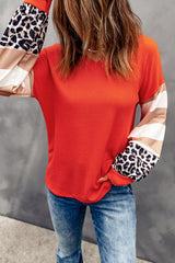 Orange V Neck Leopard Stripe Splice Lantern Sleeve Top Long Sleeve Tops JT's Designer Fashion