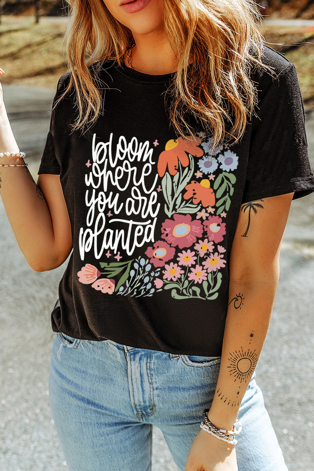 Black bloom where you are planted Floral Printed T Shirt Graphic Tees JT's Designer Fashion