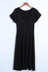 Black Ruffled Sleeve Wrap V Neck Midi Dress Midi Dresses JT's Designer Fashion