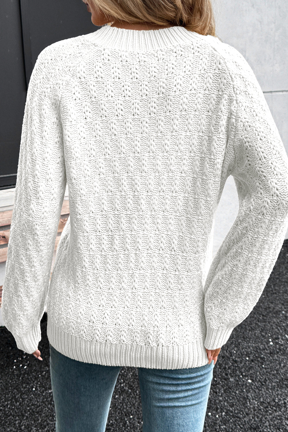 White Textured Knit Ribbed Edge V Neck Loose Sweater Sweaters JT's Designer Fashion