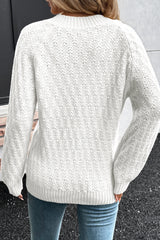 White Textured Knit Ribbed Edge V Neck Loose Sweater Sweaters JT's Designer Fashion
