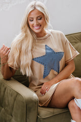 Pale Khaki Mineral Wash Stud Beaded Star Graphic Pocketed T Shirt Dress T Shirt Dresses JT's Designer Fashion