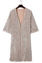 Apricot Sequin 3/4 Sleeve Open Front Duster Kimono Kimonos JT's Designer Fashion
