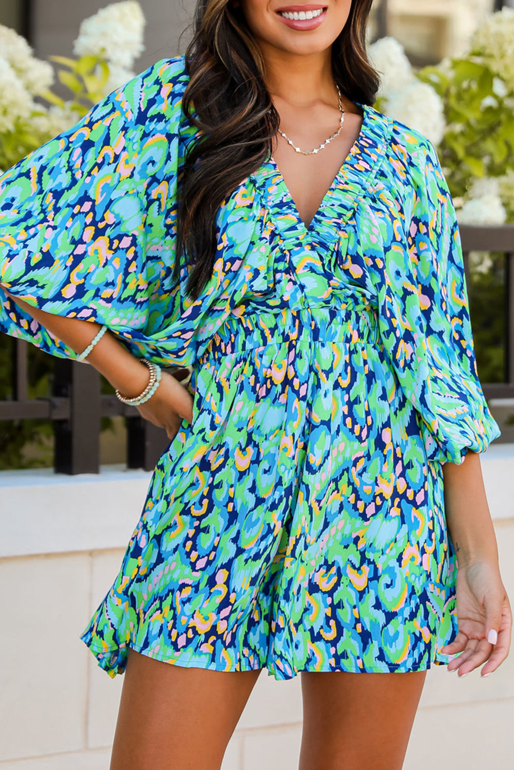 Green Abstract Print Puff Sleeve V Neck High Waist Romper Jumpsuits & Rompers JT's Designer Fashion