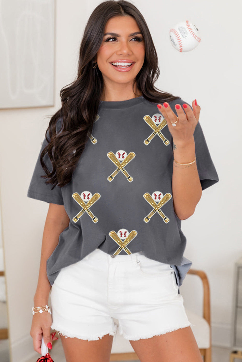 Gray Sequined Game Day Casual Tee Graphic Tees JT's Designer Fashion