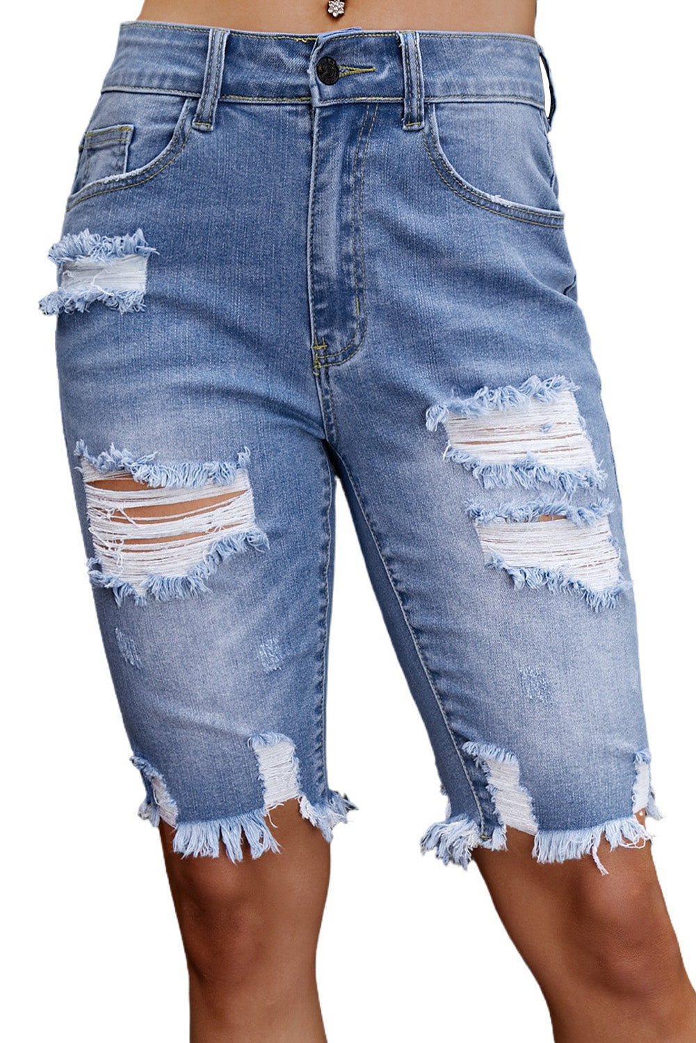 Sky Blue Ripped Tassel Bermuda Denim Shorts Denim Shorts JT's Designer Fashion