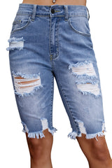 Sky Blue Ripped Tassel Bermuda Denim Shorts Denim Shorts JT's Designer Fashion
