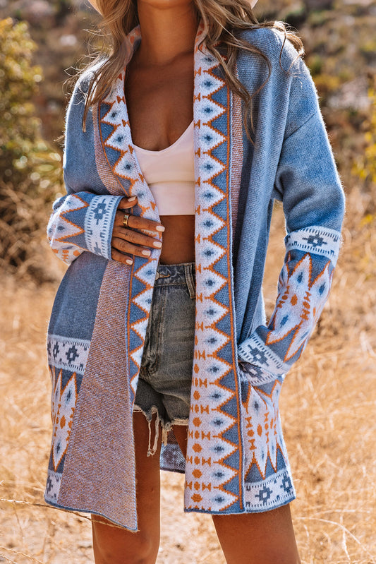 Blue Aztec Print Open Front Knitted Cardigan Sweaters & Cardigans JT's Designer Fashion