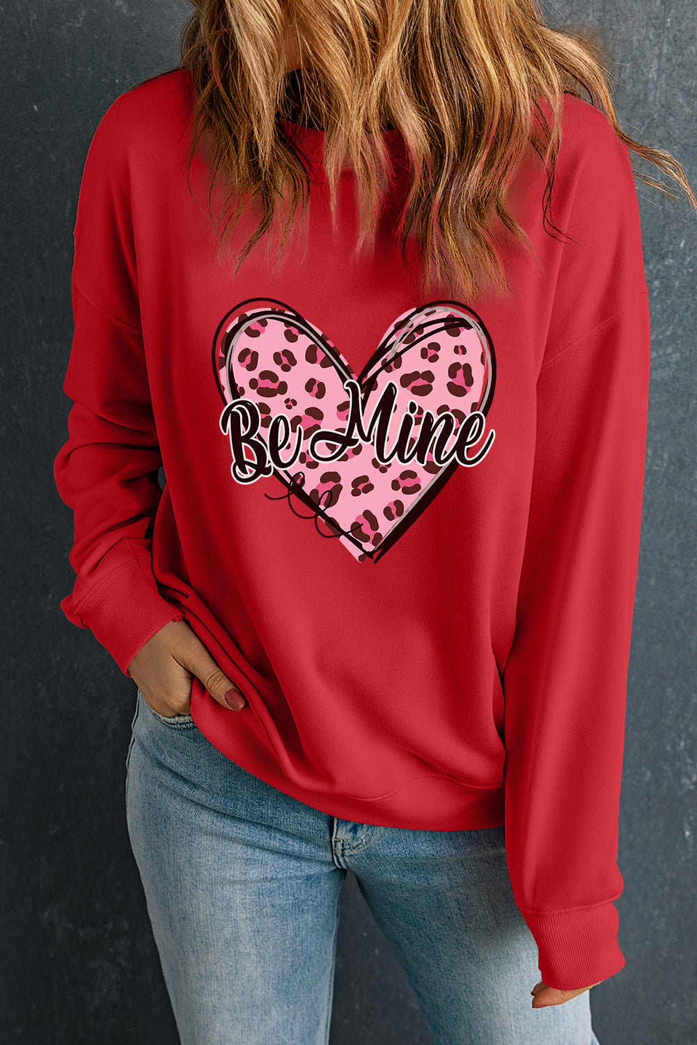 Red Be mine Leopard Heart Printed Valentines Sweatshirt Graphic Sweatshirts JT's Designer Fashion