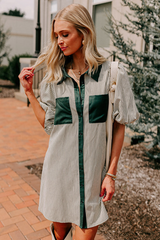 Green Patch Pockets Button Down Short Puff Sleeve Dress Mini Dresses JT's Designer Fashion