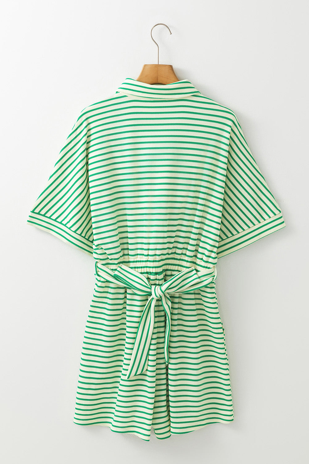Green Stripe Textured Short Sleeve Collared Buttoned Waist Tie Romper Jumpsuits & Rompers JT's Designer Fashion
