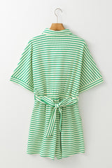 Green Stripe Textured Short Sleeve Collared Buttoned Waist Tie Romper Jumpsuits & Rompers JT's Designer Fashion
