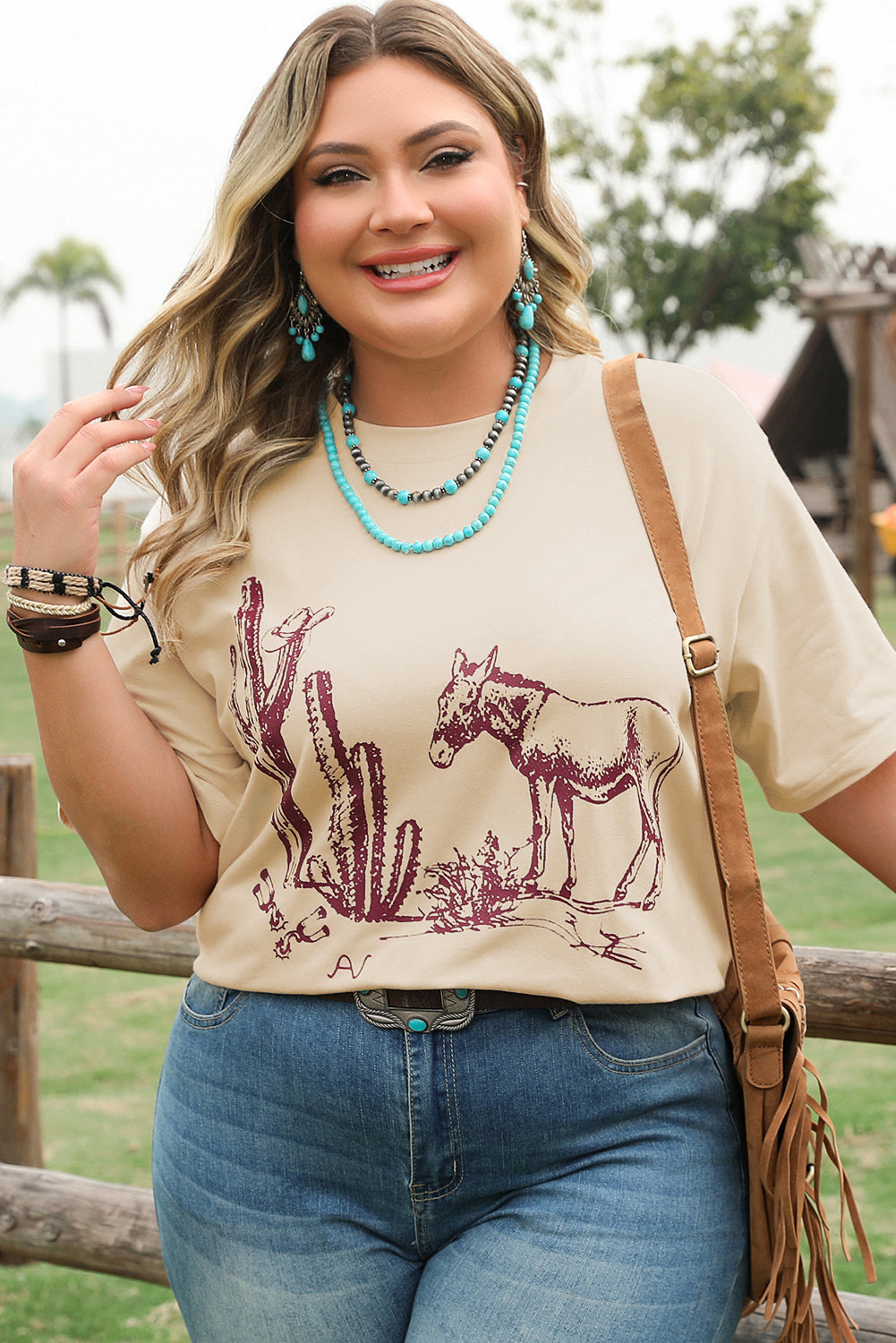 Parchment Western Burro Cactus Crew Neck Graphic Tee Plus Size Tops & Tees JT's Designer Fashion