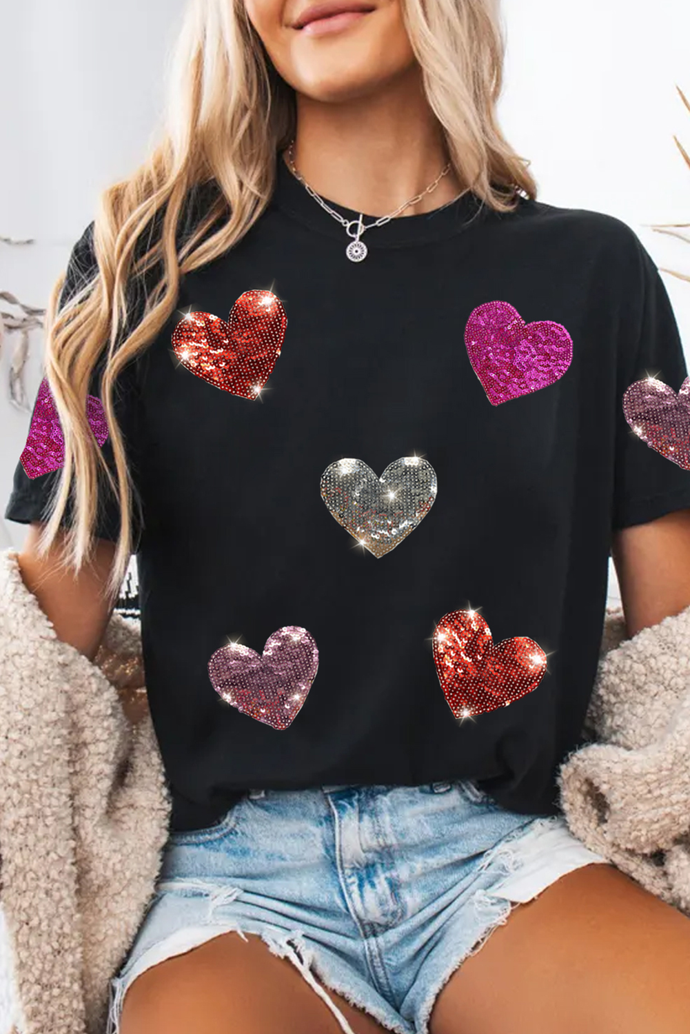 Black Sequin Heart Patched Pattern Crewneck Valentines Tee Graphic Tees JT's Designer Fashion