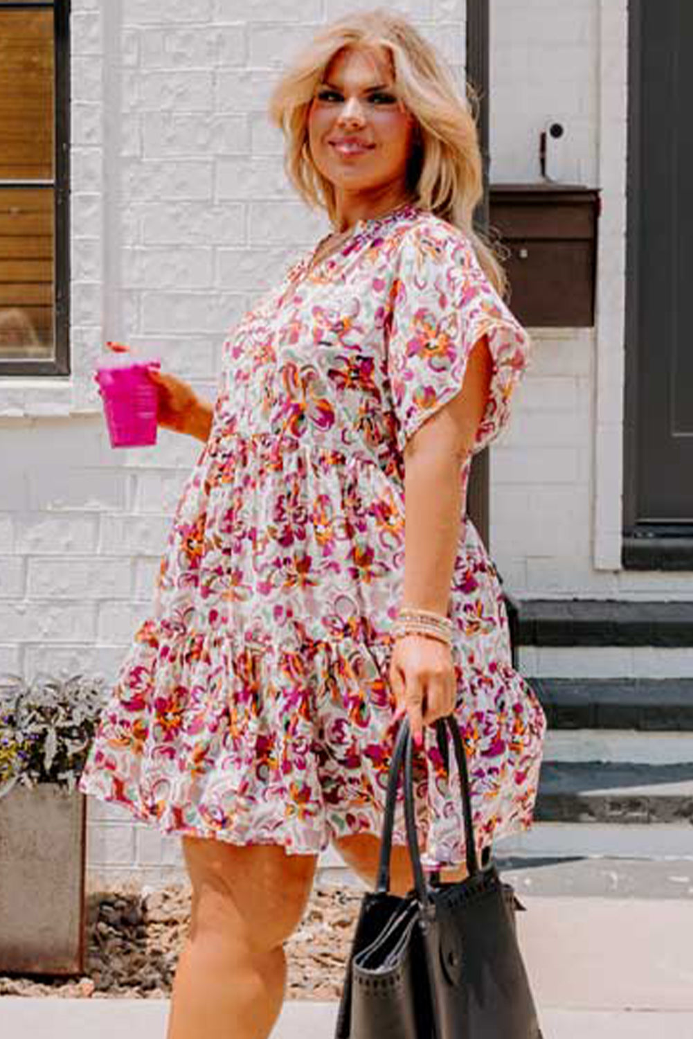 White Abstract Print V Neck Short Sleeve Ruffled Plus Size Mini Dress Plus Size Mini Dresses JT's Designer Fashion