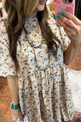 Beige Floral Puff Short Sleeve Empire Waist Mini Dress Floral Dresses JT's Designer Fashion