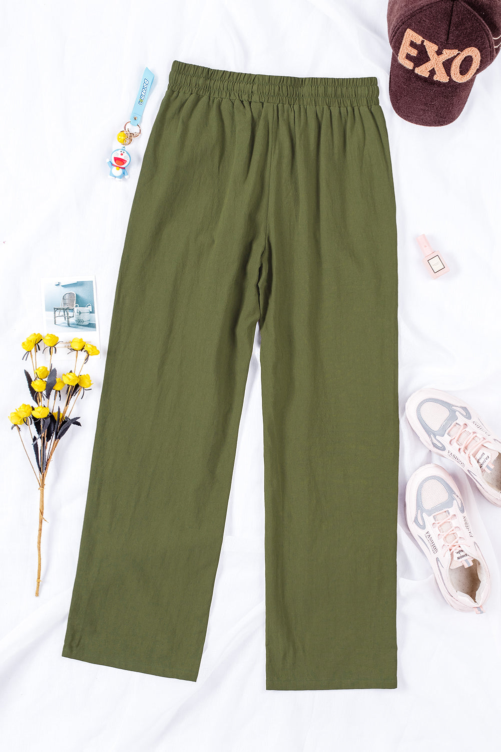 Green Drawstring Elastic Waist Pockets Long Straight Legs Pants Pants & Culotte JT's Designer Fashion