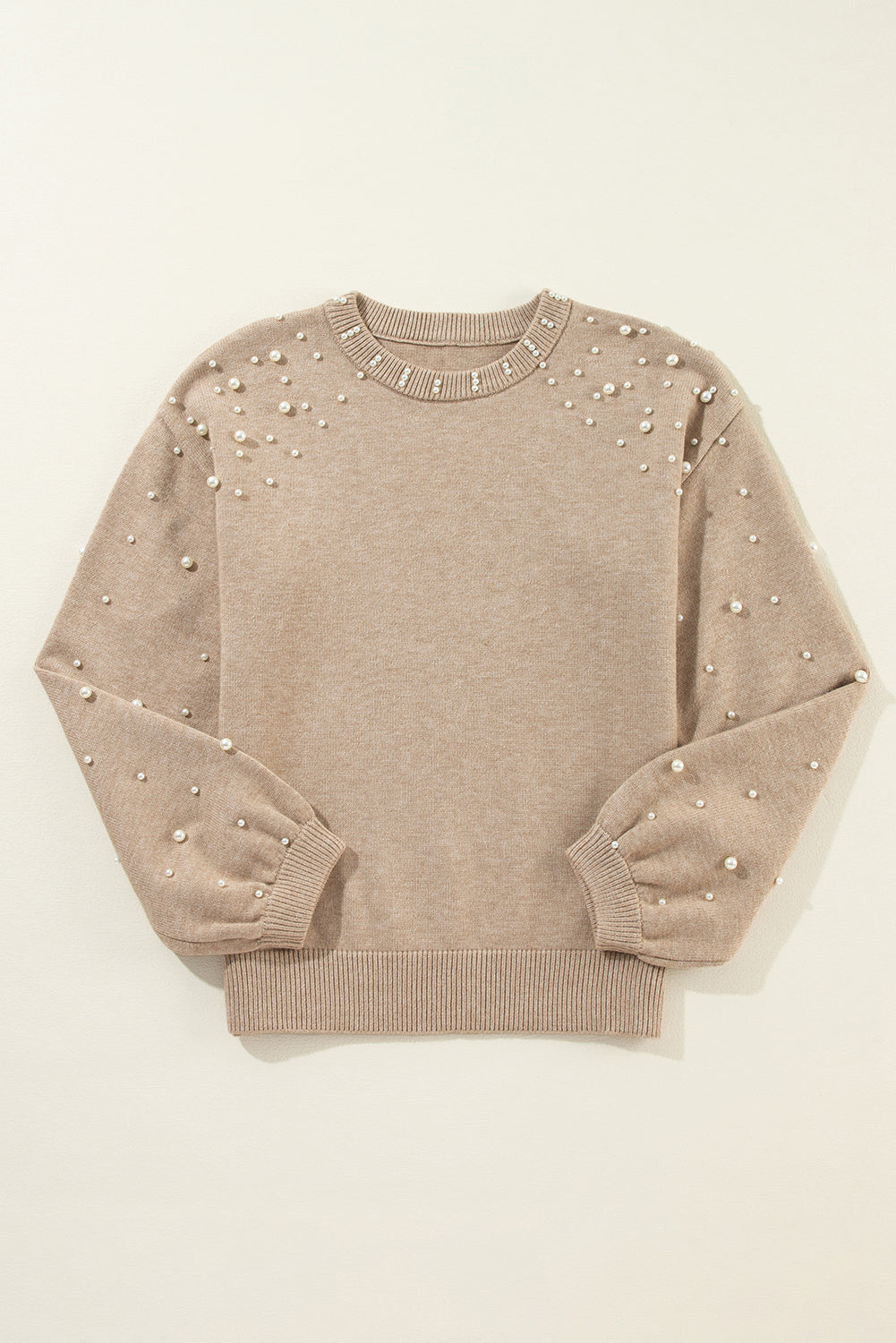 Smoke Gray Pearled Drop Shoulder Round Neck Sweater Sweaters JT's Designer Fashion