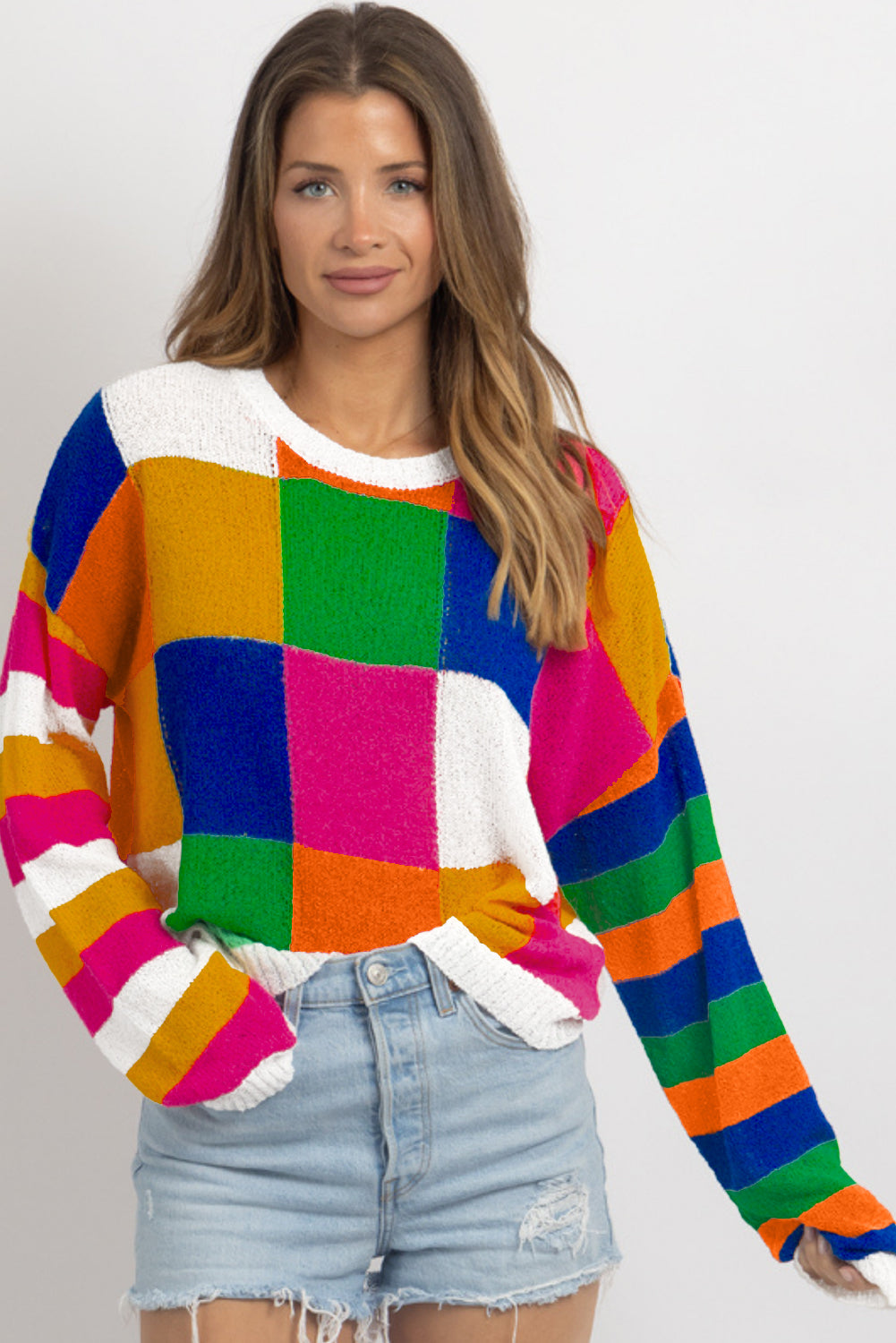 Orange Checkered Color Block Round Neck Loose Sweater Sweaters JT's Designer Fashion
