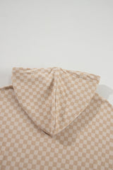 Khaki Checkered Print Kangaroo Pocket Drawstring Hoodie Sweatshirts & Hoodies JT's Designer Fashion