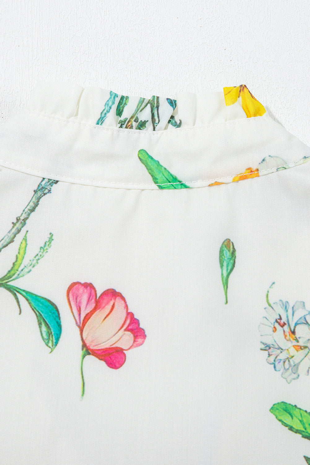 White Floral Print Contrast Striped Patchwork Short Puff Sleeve Dress Floral Dresses JT's Designer Fashion