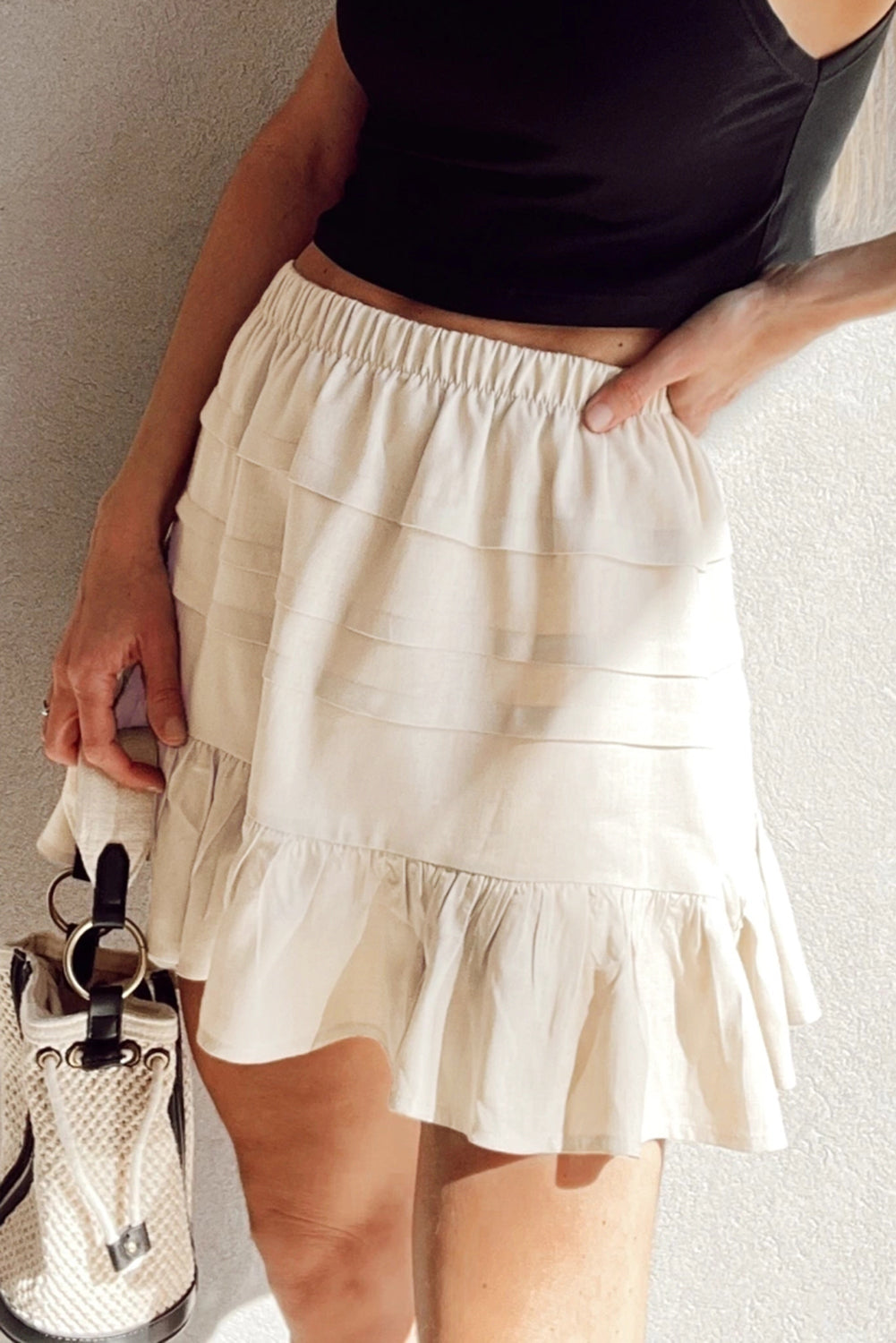 Beige Tiered Ruffled Hemline Elastic Waist Mini Skirt Skirts & Petticoat JT's Designer Fashion