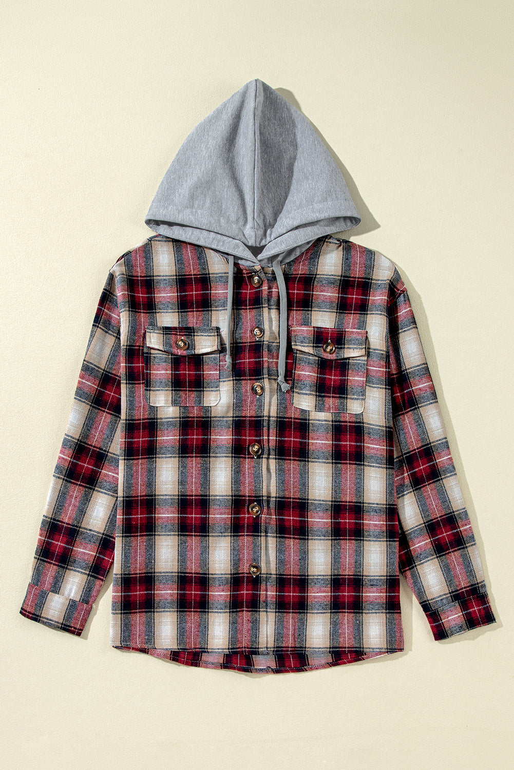 Red Plaid Print Chest Pocket Buttoned Hooded Shacket Plaid Shackets JT's Designer Fashion