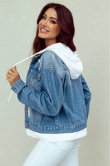 Sky Blue Distressed Contrast Hooded Denim Jacket with Pockets Denim Jackets JT's Designer Fashion