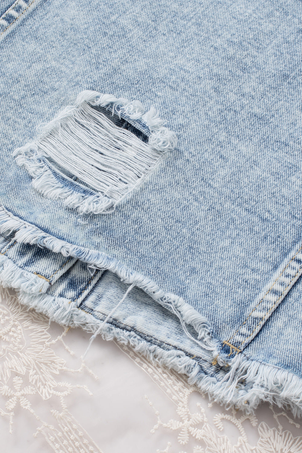 Sky Blue Lapel Distressed Raw Hem Buttons Denim Jacket Denim Jackets JT's Designer Fashion