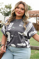 Gray Plus Size Western Boots Print Crew Neck T Shirt Plus Size Tops & Tees JT's Designer Fashion