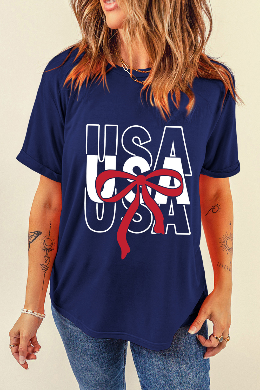 Blue USA Bow Printed Casual Cotton Blend T Shirt Graphic Tees JT's Designer Fashion