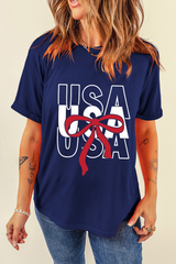 Blue USA Bow Printed Casual Cotton Blend T Shirt Graphic Tees JT's Designer Fashion