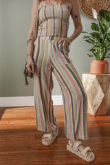 Multicolour Vertical Striped Smocked Cami Top Wide Leg Pants Set Pant Sets JT's Designer Fashion