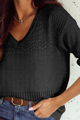 Black Eyelet Pattern Detail V Neck Drop Shoulder Sweater Sweaters JT's Designer Fashion