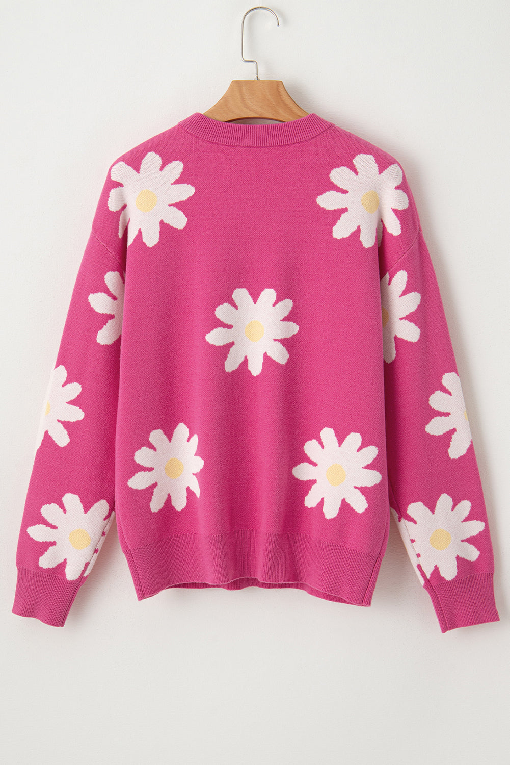 Bright Pink Daisy Flower Crew Neck Long Sleeve Sweater Sweaters JT's Designer Fashion