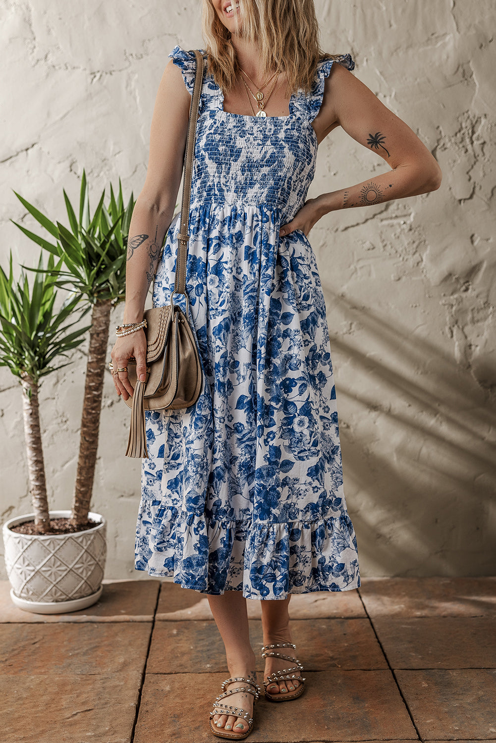 Blue Floral Ruffle Strap Square Neck Smocked Bodice Midi Dress Floral Dresses JT's Designer Fashion