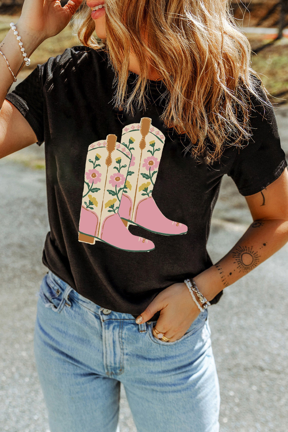 Black Floral Cowgirl Boots Cotton Blend T Shirt Graphic Tees JT's Designer Fashion